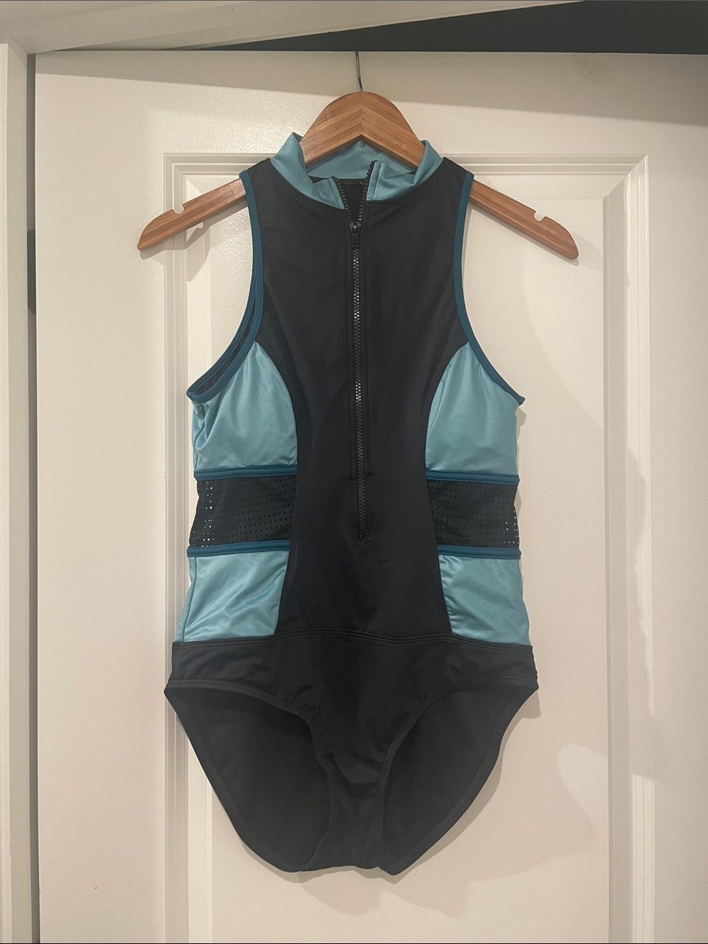 Zella High-Neck Zip Front One-Piece Swimsuit in Teal and Black small